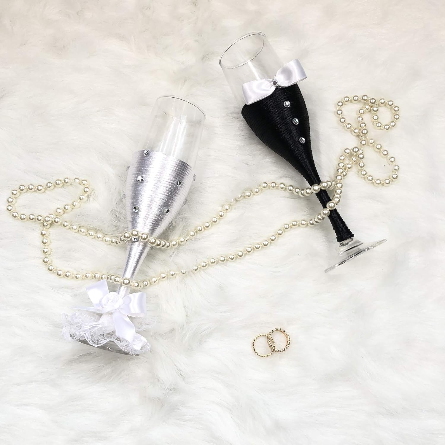 Abbie Home Bride and Groom Wedding Champagne Toasting Flute Anniversary Glasses with Silk Bow Tie and White Lace Trim Rhinestone Décor, Set of 2 (Black Glass Set)