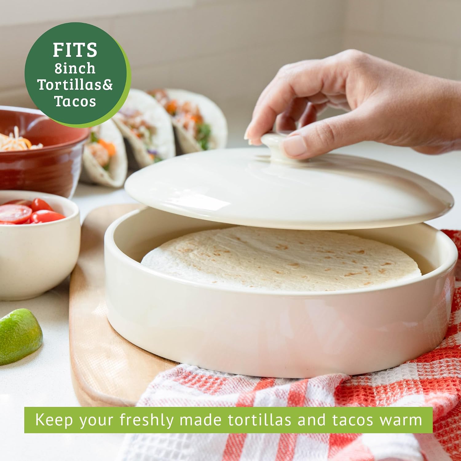 Ceramic Tortilla Warmer With Lid, Colorful Holder, Rainbow Storage Container for Roti, Pancakes (8-Inch, 20 cm)