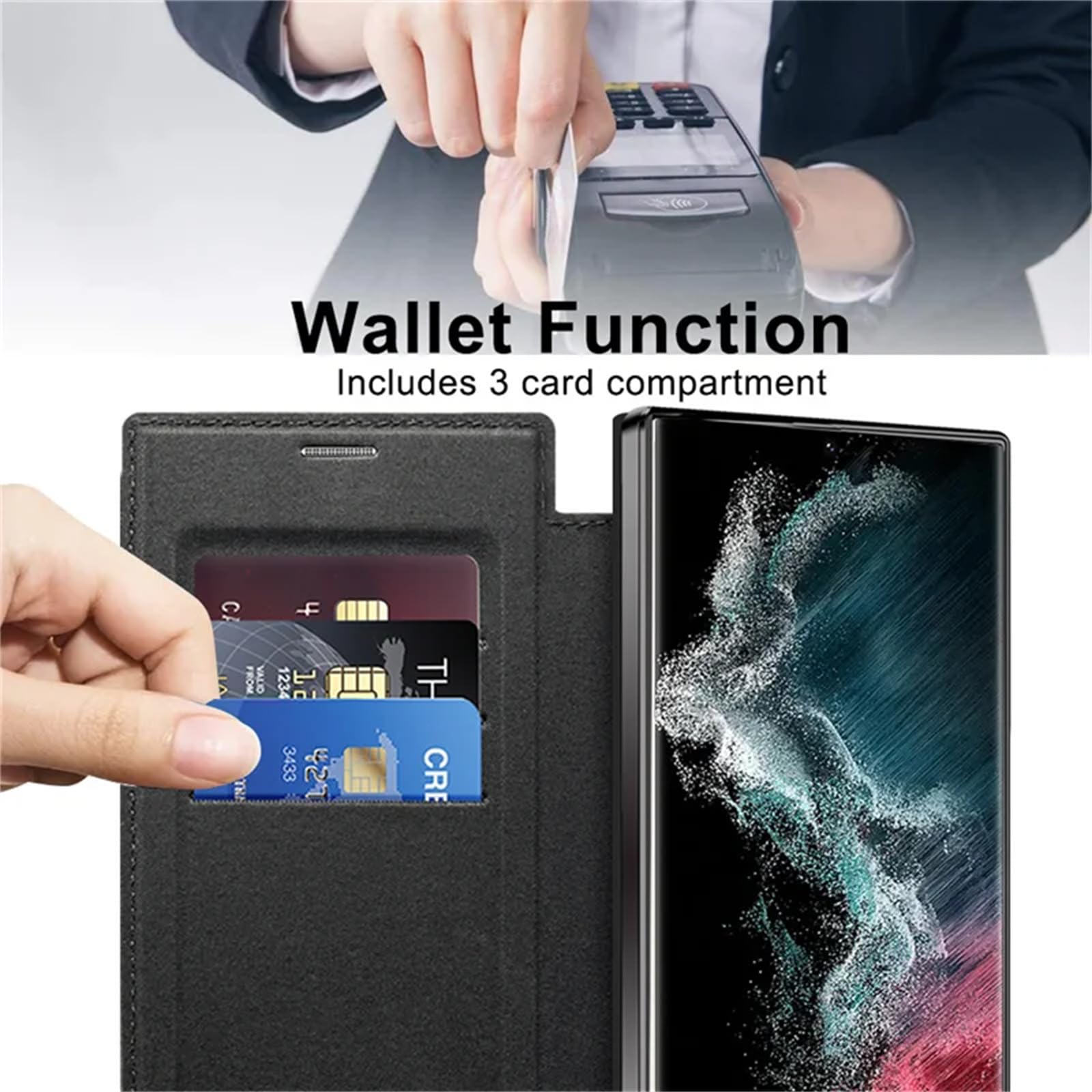 Brieftaschen-Hülle für Samsung Galaxy S22 Ultra/S22 Plus/S22, [kompatibel mit MagSafe], vergilbungsfreie Lederhülle, kristallklare Hülle mit Kartenhalter, Kameraschutz