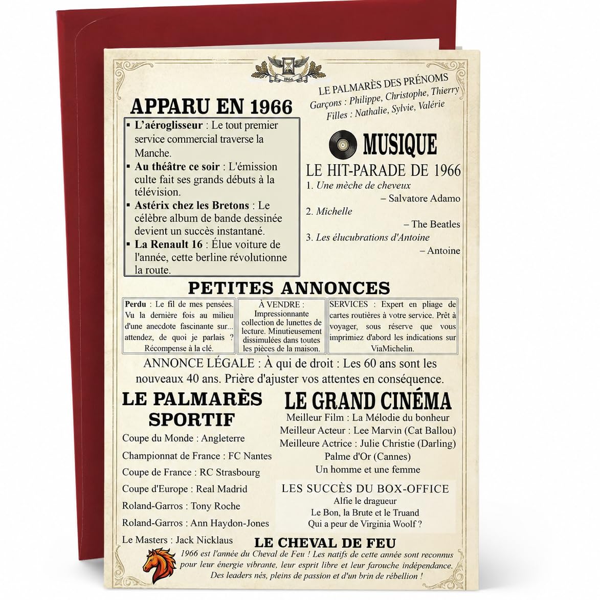 A5 French 60th Birthday Card with Red Envelope, Vintage Retro Journal Style Card with News Music Cinema Sports and Memories of the Year of Birth (1966)