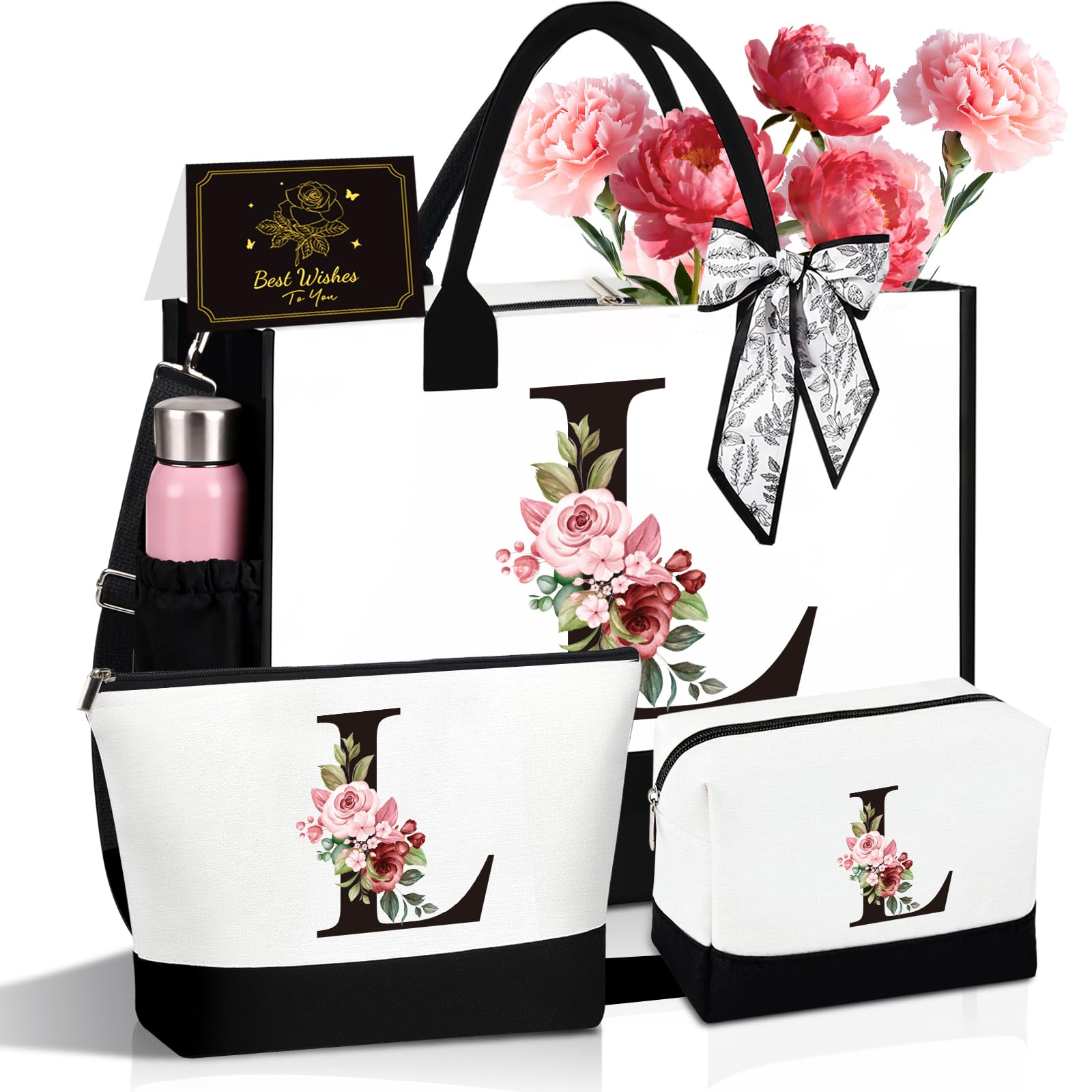 Birthday Gifts for Women - Initial Canvas Tote Bag & Makeup Bag, Personalized Gifts for Women,Personalized Present Bag,Custom Bags for Beach,Wedding,Birthday Gift for Mom Sister Friends (L)