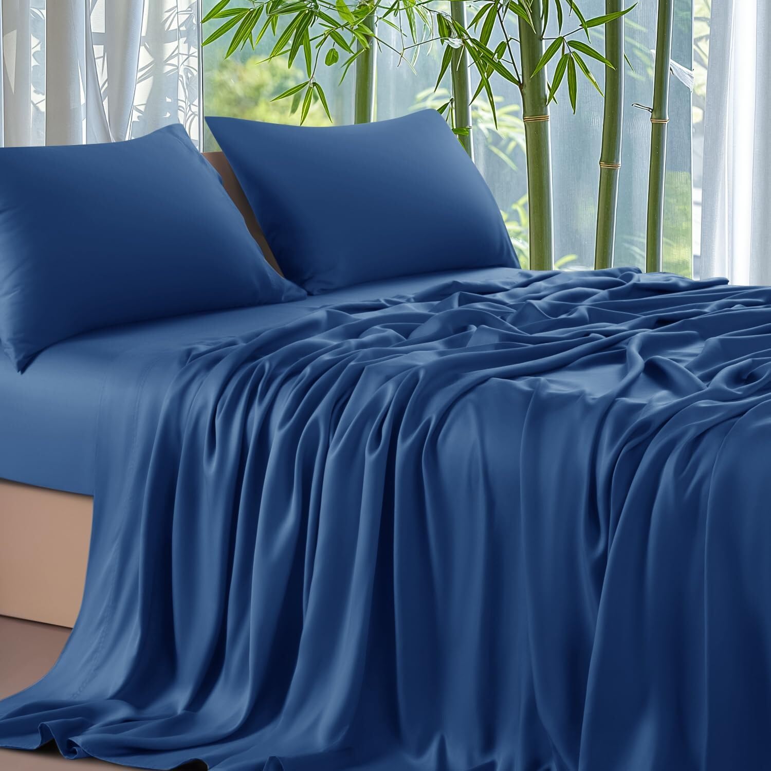 Gezu Bambus Lyocell Spannbettlaken 140x200cm Blau Petrol aus aktmungsaktivem Material Temperaturregulierend Glänzend Bambusfaser Seide Bettlaken Spannbetttuch 140x200 für Hohe Matratze bis 15-30cm