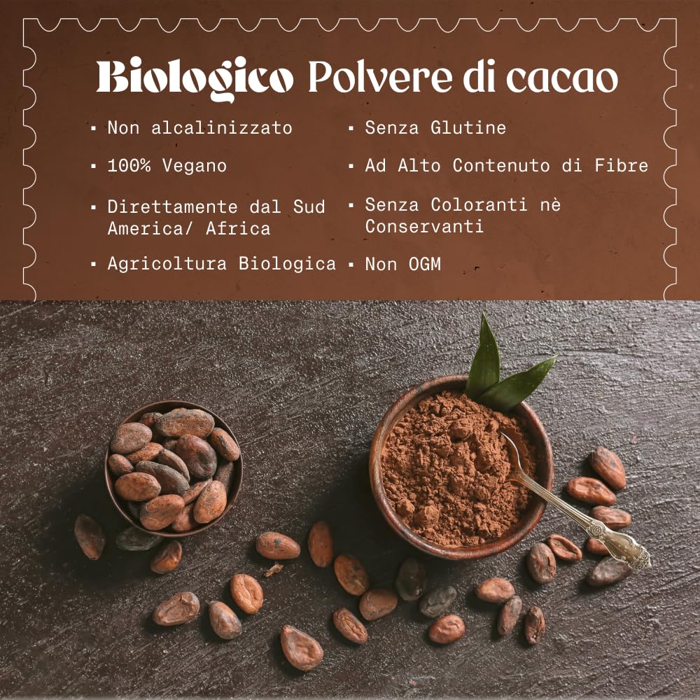 NaturaleBio Cacao Biologico in Polvere 1kg. Naturale e Puro da Fave Crude. Non Zuccherato. Prodotto dalla pianta Theobroma Cacao. Lavorato a Basse Temperature. Testato per Metalli Pesanti