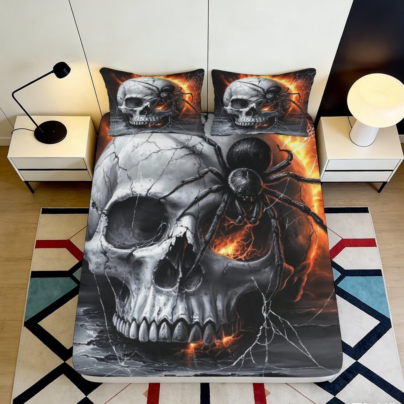 3D Printed Skull Spider Fitted Sheet Microfiber Soft Breathable Gothic Flame Bed Cover for Bedroom Dorm Decor 90x200x25cm