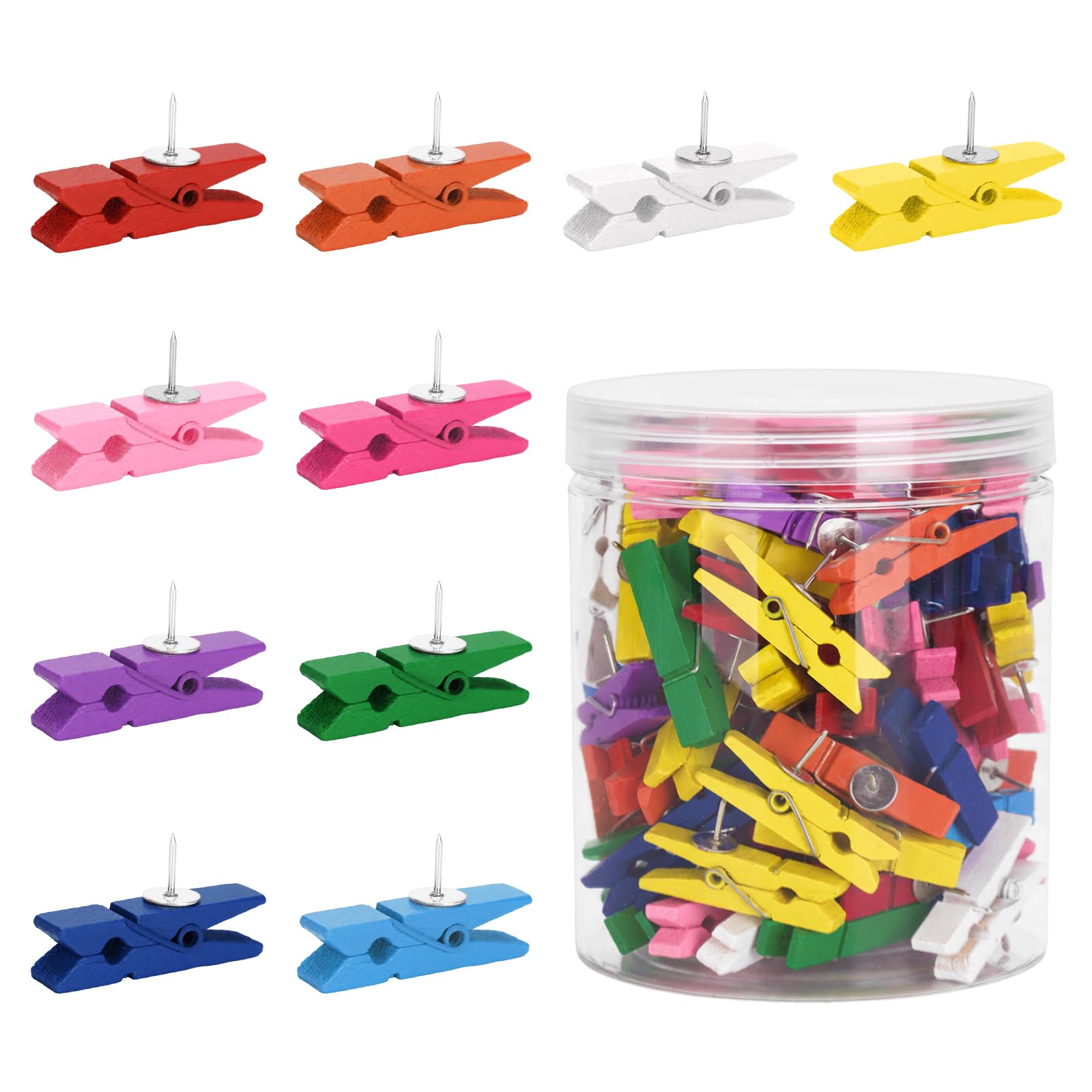 jijAcraft 100Pcs Push Pins with Wooden Clips: Rainbow Wooden Clip Thumbtack