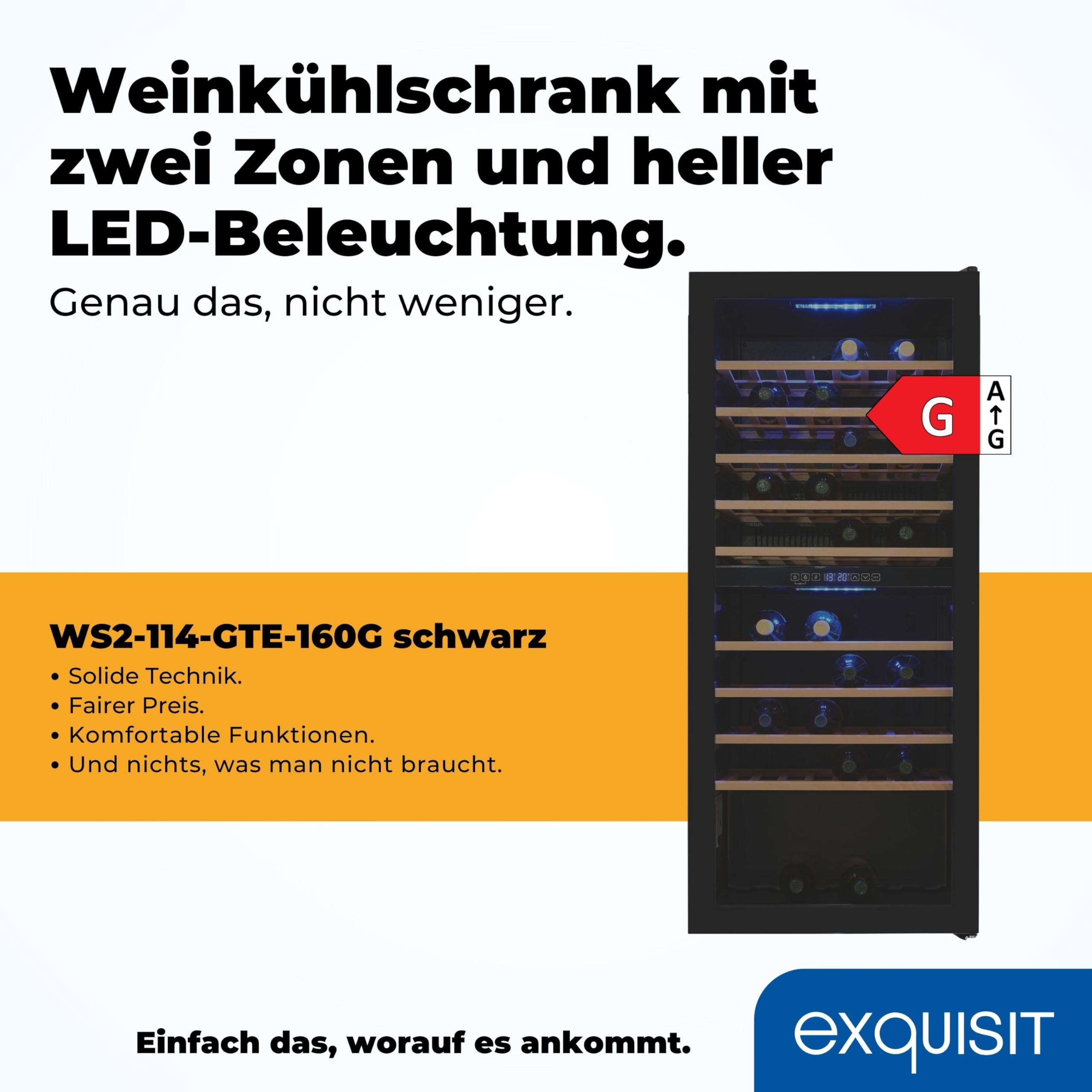 Exquisit Weinkühlschrank 2 Zonen - Weintemperierschrank für 114 Flaschen | Weinklimaschrank mit 220 Liter Volumen, 9 Holzablagen, Umluftventilator, LED-Beleuchtung und Digitalanzeige in Schwarz