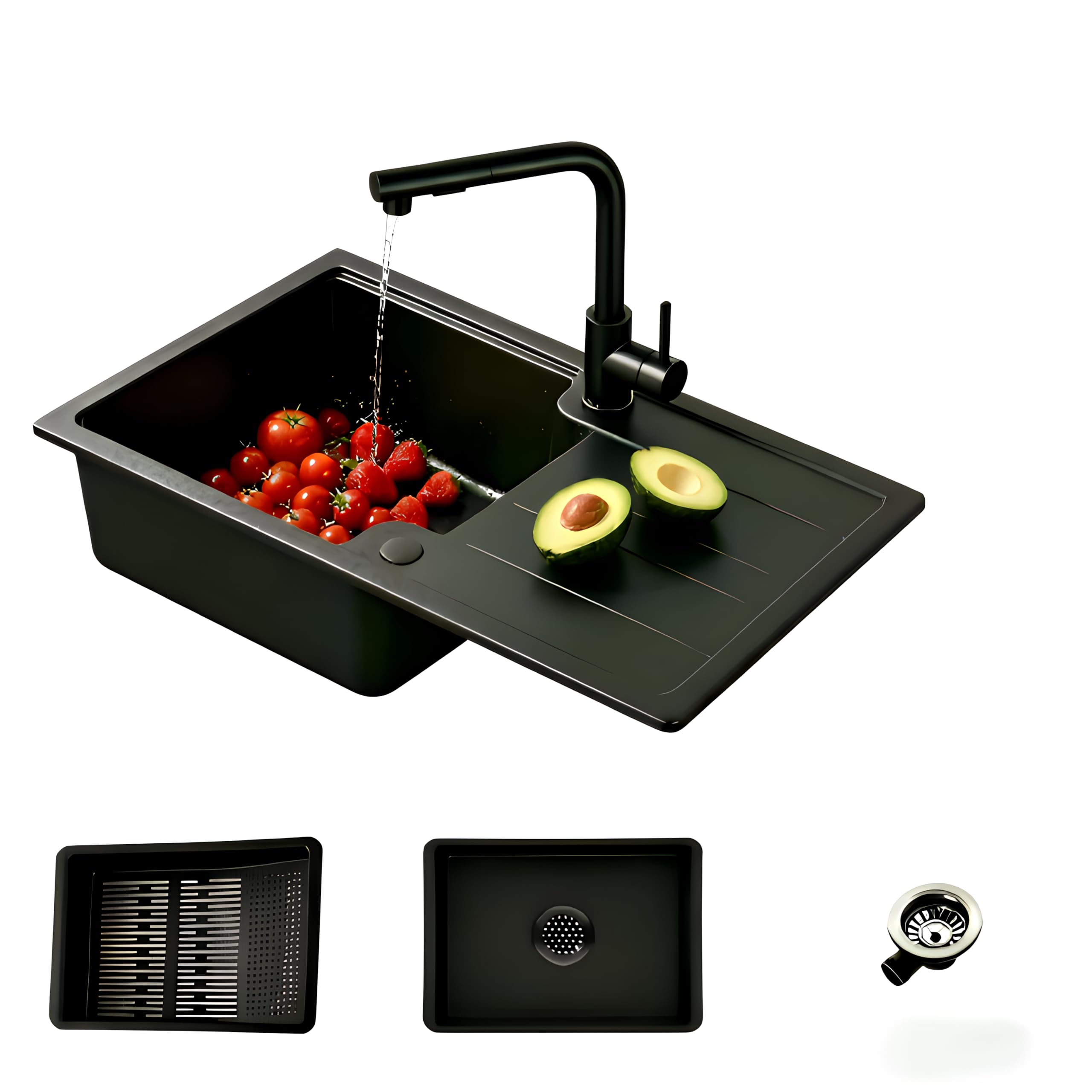 Fregadero Cocina Negro de Granito,Fregadero Cocina 1 Seno con Escurridor 65x43cm,Cesta de Escurrido + Fregadero Interior Adicional + Accesorios de Desagüe,Apto para Muebles Bajos desde 40cm de Ancho