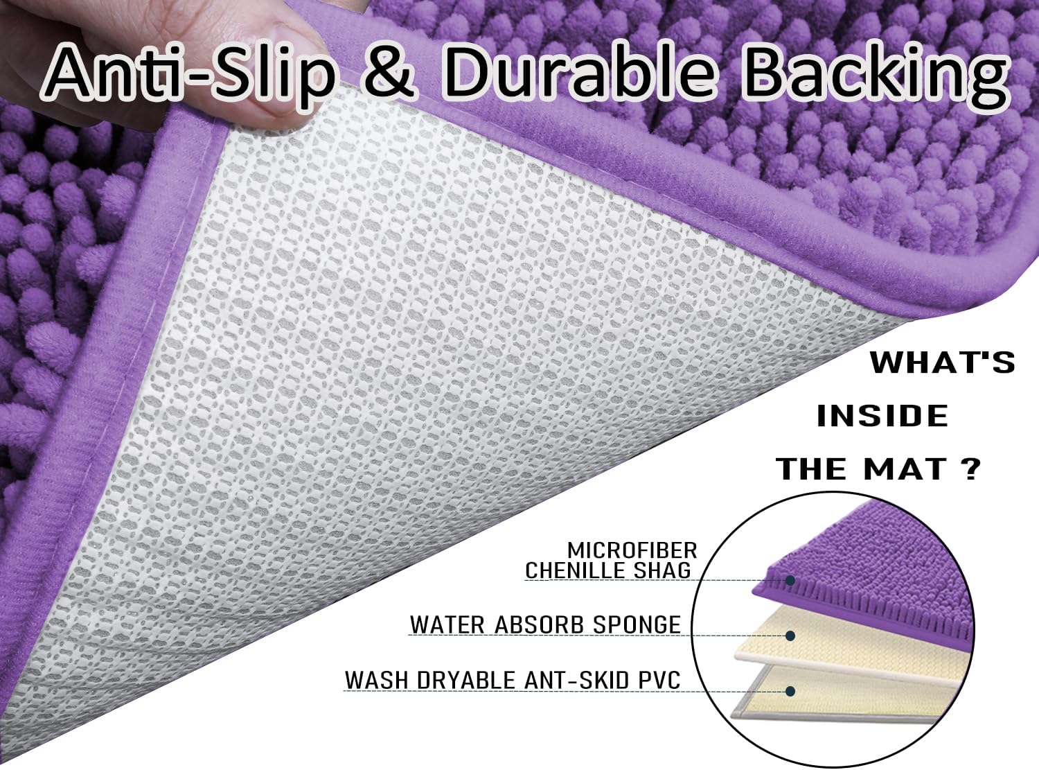 Bathroom Rugs Sets 3 Piece,Bath Mats for Bathroom Non Slip, Thick Chenille Bath Rug,Soft and Absorbent Shaggy Bathroom Mat Set, Machine Wash & Quick Dry Durable Carpet for Bath,Kitchen,Deep Purple
