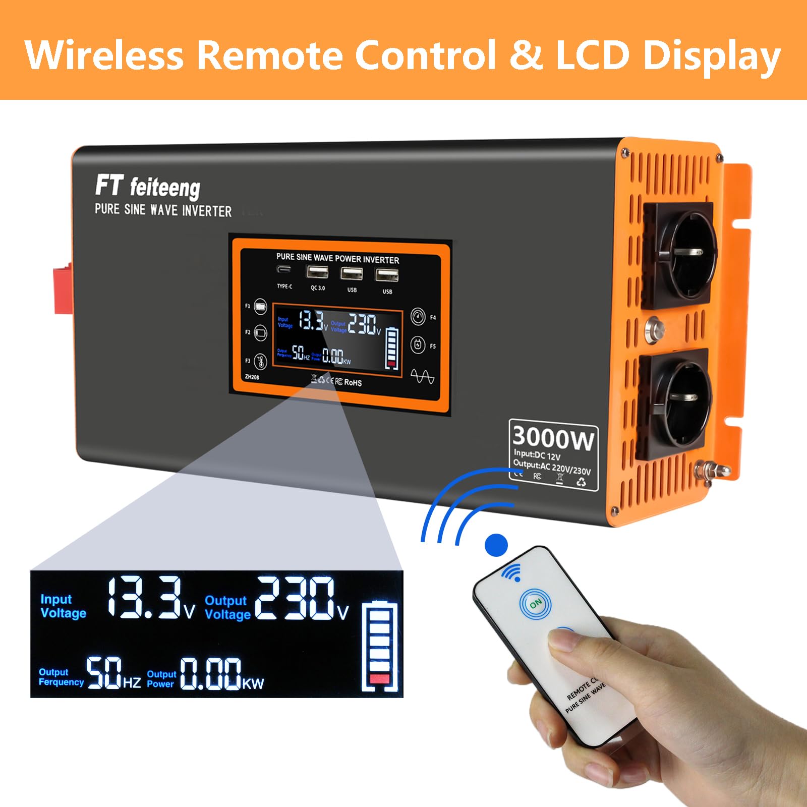 Invertitore di potenza sinusoidale puro da 3000 W, convertitore AC da 12 V DC a 220 V/230 V con display LCD, connettore USB-C e porta QC 3.0 per veicoli di emergenza da campeggio, camion