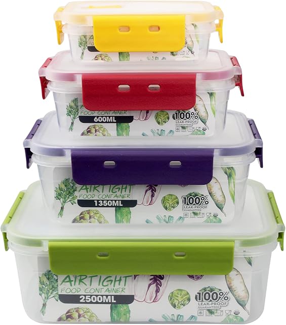 DONDON Fridge Food Storage Containers Vented Lids Stackable Airtight Freezer Lunch Boxes Rectangular Plastic Microwave Mixing Bowls Set of 4 250/600/1350/2500ML