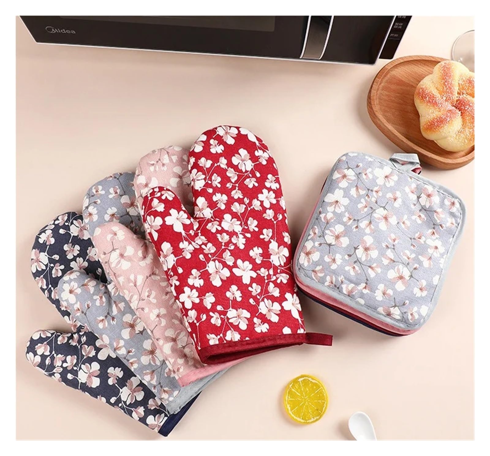 MRKU Gants de Cuisine, maniques, Gants de Four, isolants pour Micro-Ondes, résistants aux Hautes températures, en Coton, Anti-brûlures (Ensemble)