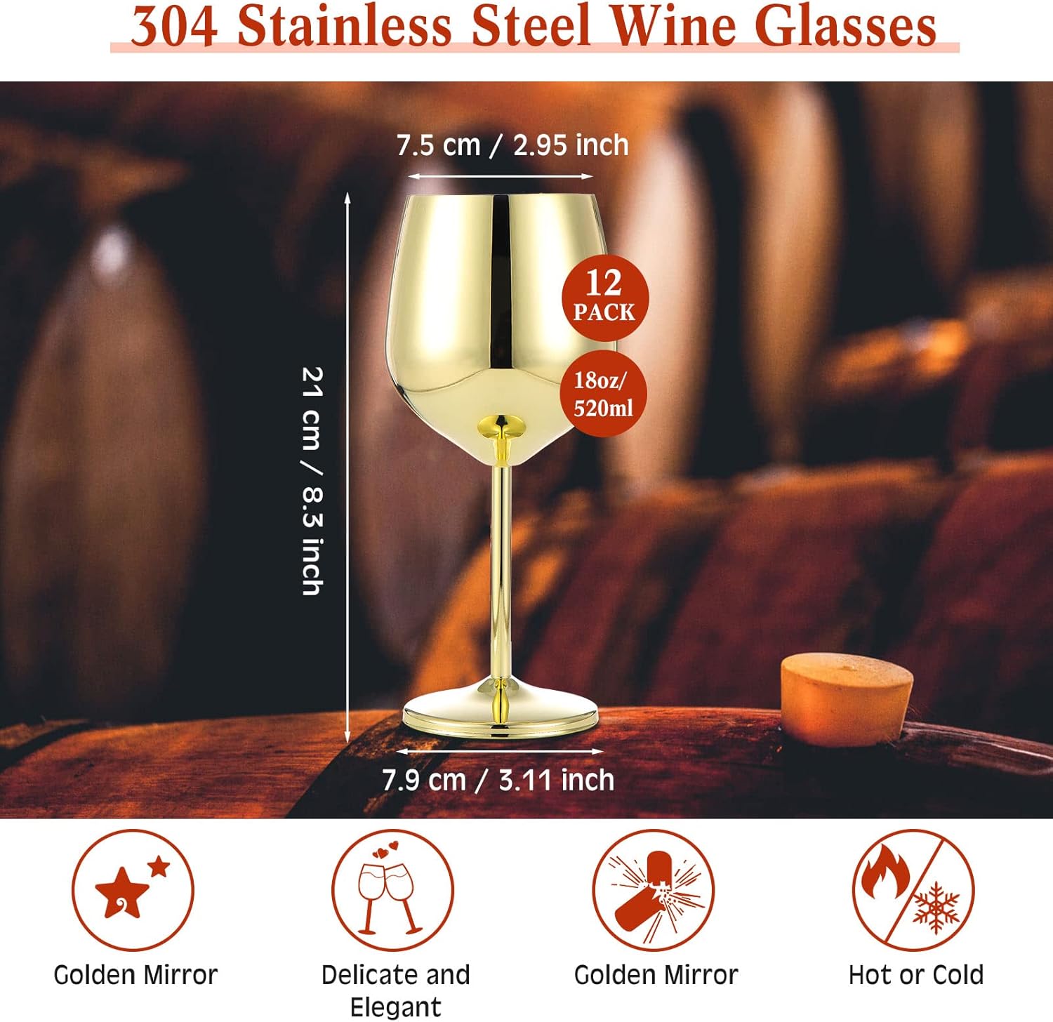 Gold Stem Stainless Steel Wine Glasses Unbreakable Stemware Portable Shatterproof Metal Goblet Glasses Wine Drinkware for Champagne Cocktails Banquet Wedding Party Camping(12 Pack,18oz) - Image 2