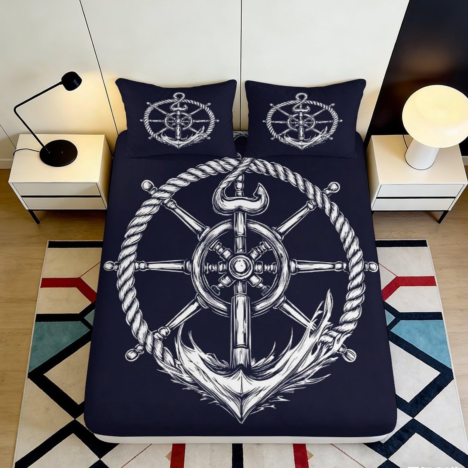 3D Printed Nautical Anchor Fitted Sheet Microfiber Soft Breathable Maritime Rope Bed Cover for Bedroom Dormitory Guest Room Protection and Decor 90x200x25cm