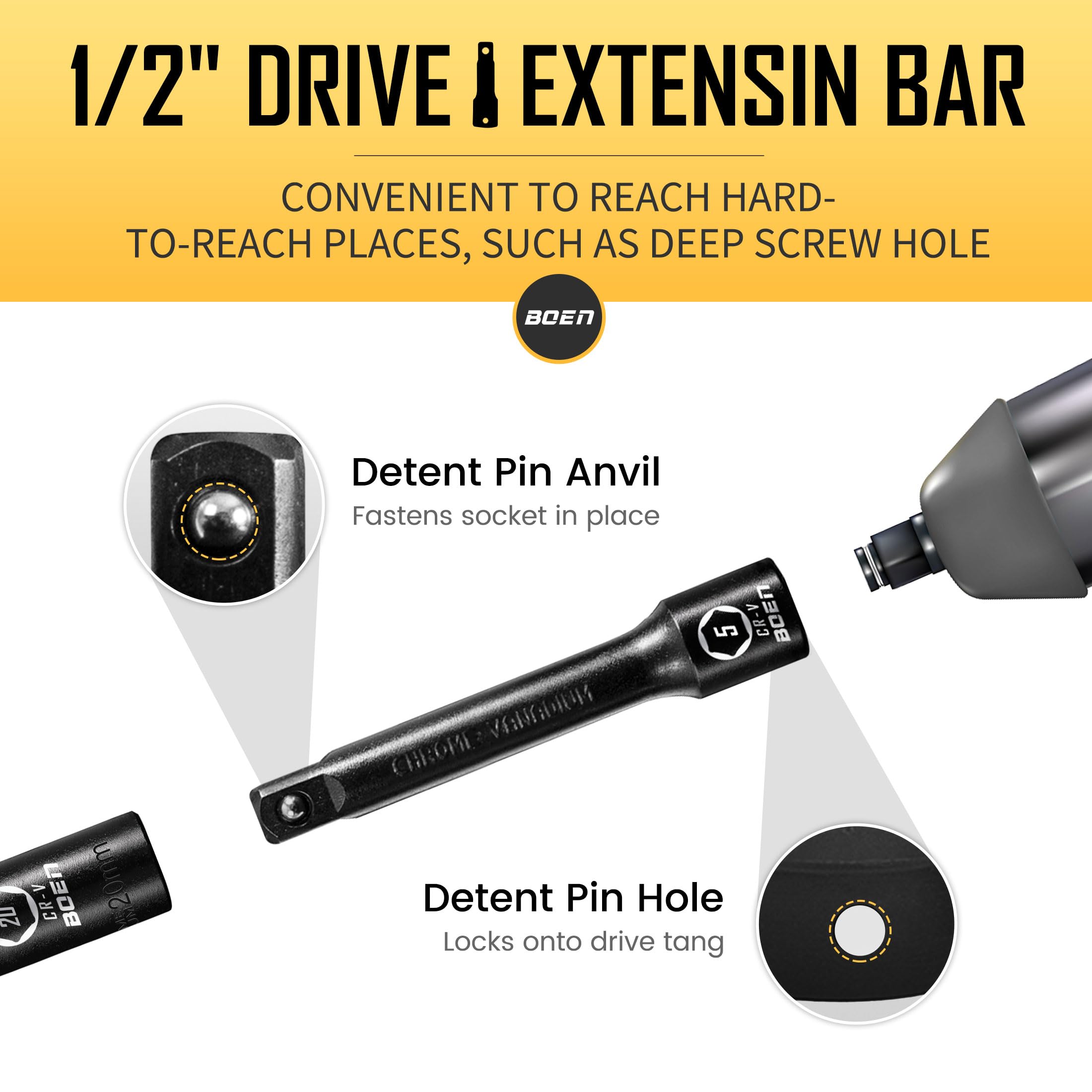 BOEN - Set di 35 pezzi da 1/2" a impatto profondo – SAE 3/8"-1-1/4" e metrico 8-24 mm, estensioni, guarnizione e adattatore, acciaio Cr-V, scatola a doppio blocco
