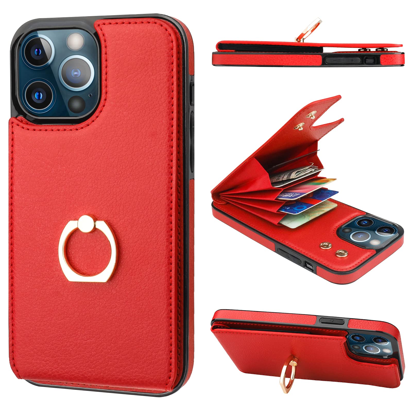 Folosu Compatible with iPhone 13 Pro Max Case Wallet with Card Holder, 360°Rotation Finger Ring Holder Kickstand Protective RFID Blocking PU Leather