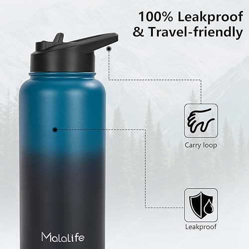 Miniatura 6 de Botella de agua aislada de acero inoxidable, tapa doble, botella grande, doble pared al vacío, botella deportiva de boca ancha (mantiene el frío 12