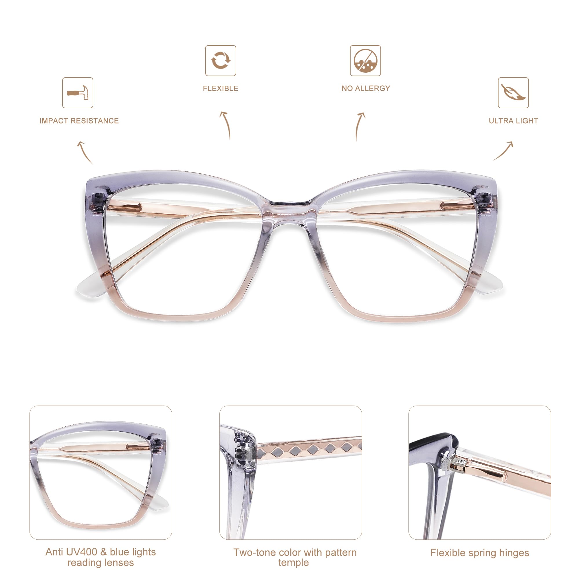 AMOMOMA Trendy TR90 AM6031 - Anteojos de lectura para luz azul de mujer, elegantes lentes cuadrados de ojo de gato