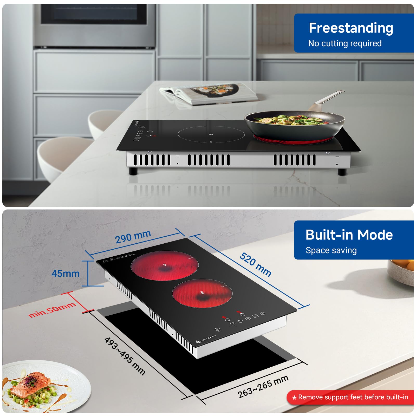 AMZCHEF Ceramic Hob 2 Zones, 3000W Electric Hob 2 Ring, Table Top & Built-in Dual installation, Plug and Play, 9 Power Levels, Timer & Pause Function, Child Lock, Easy Clean Frosted Glass Panel — view 5