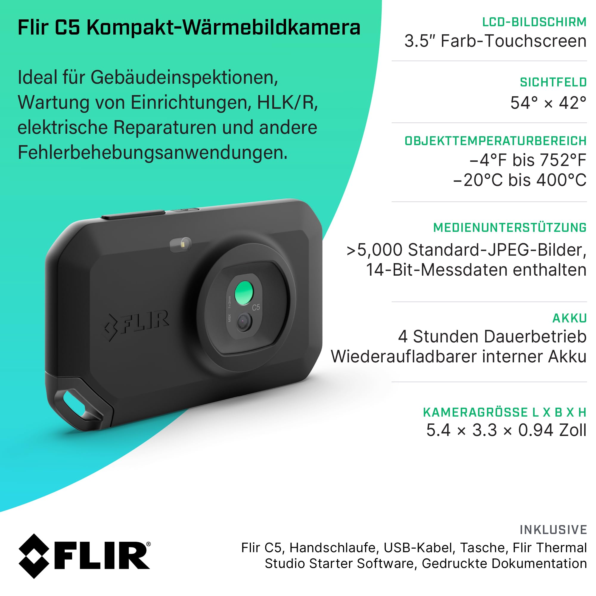 FLIR C5 Kompakte Wärmebildkamera mit WLAN: hochauflösende Infrarot-Bildgebungskamera für Inspektionen sowie Anwendungen in den Bereichen Elektrik/Mechanik, Gebäudetechnik und Heizungs