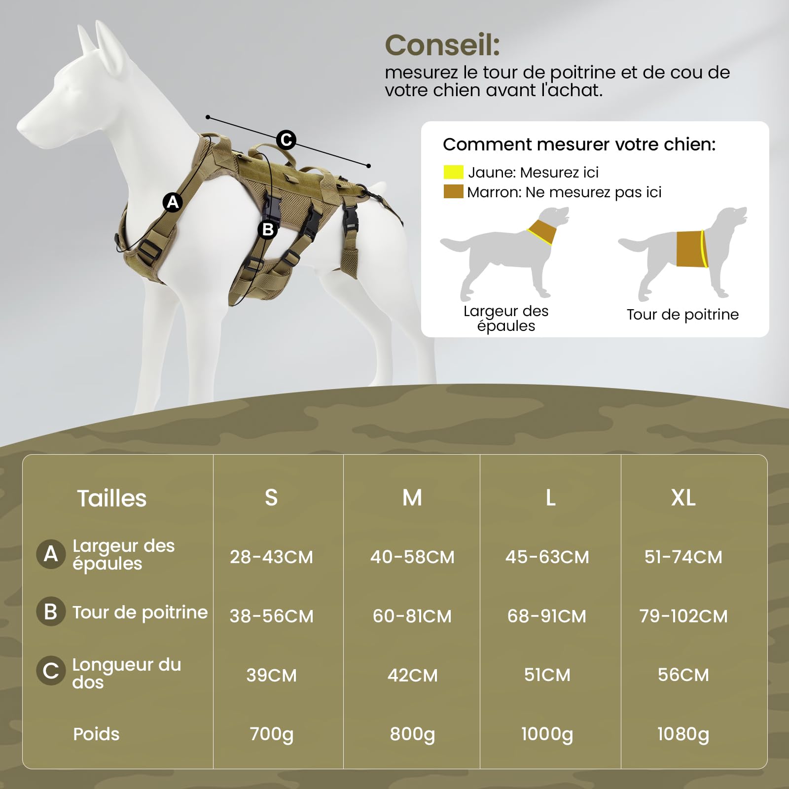 Harnais Anti-Traction Chien Taille L, Harnais Tactique pour Chien en Tissu en Maille Sandwich Respirant, Arnet Poignées et Leggings Arrière Amovibles Conçu pour Chasse Entraînement