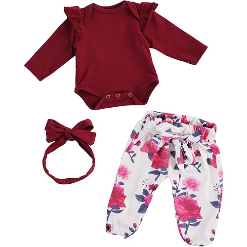 BABESIDE 3 Pcs Reborn Baby Doll Clothes for 17-22 Inch Babydolls, Floral Patterns Lifelike Baby Doll Accessories for Realistic Baby Dolls Girl, Wine Red