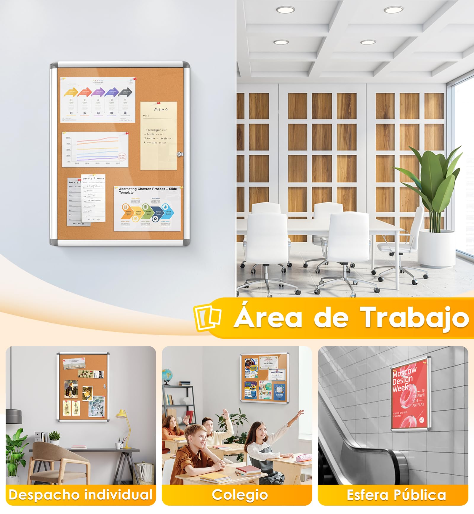 Swansea - Tablon de Anuncios para Interiores 4xA4,Tablón de Anuncios con cerradura de Aluminio para comunidad,escuela, oficina, 67 x 50 cm