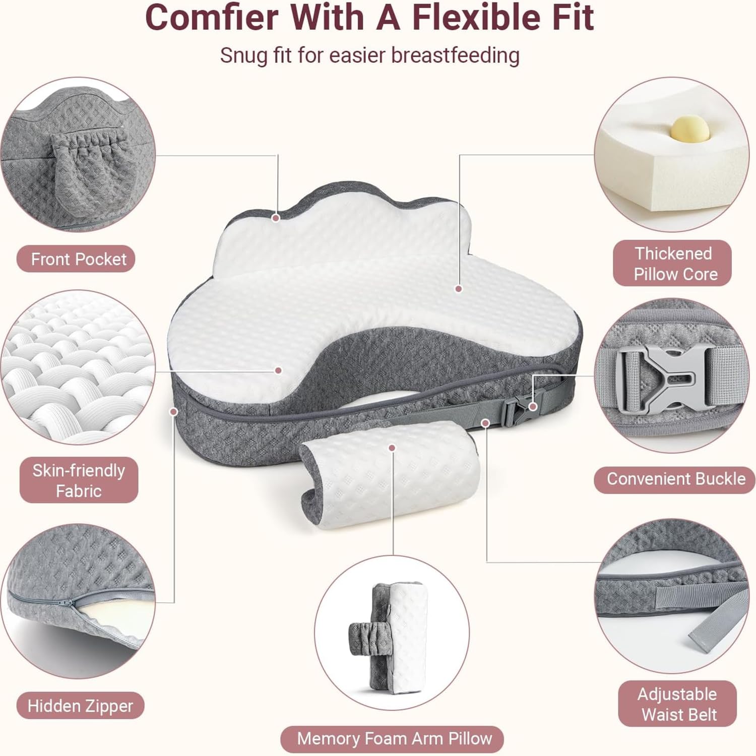 Cuscino Allattamento Neonato,Cuscino per l'allattamento in Memory Foam con rivestimento sfoderabile, progettato ergonomicamente per un comfort universale. (grigio)