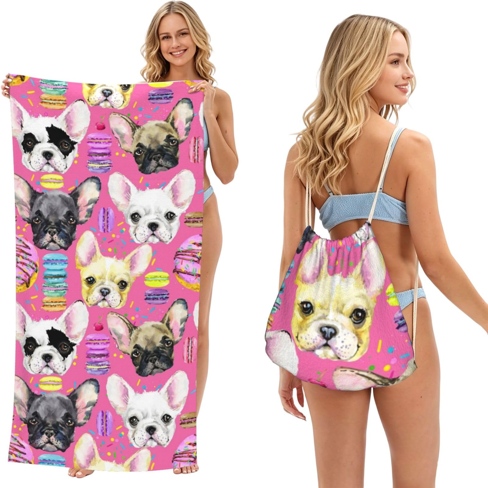 Poadnly As Picture French Bulldog Puppy Watercolor, 2 In 1 Packable Towel Bag, Beach Towels With Drawstring Backpack For Travel Holiday Camping