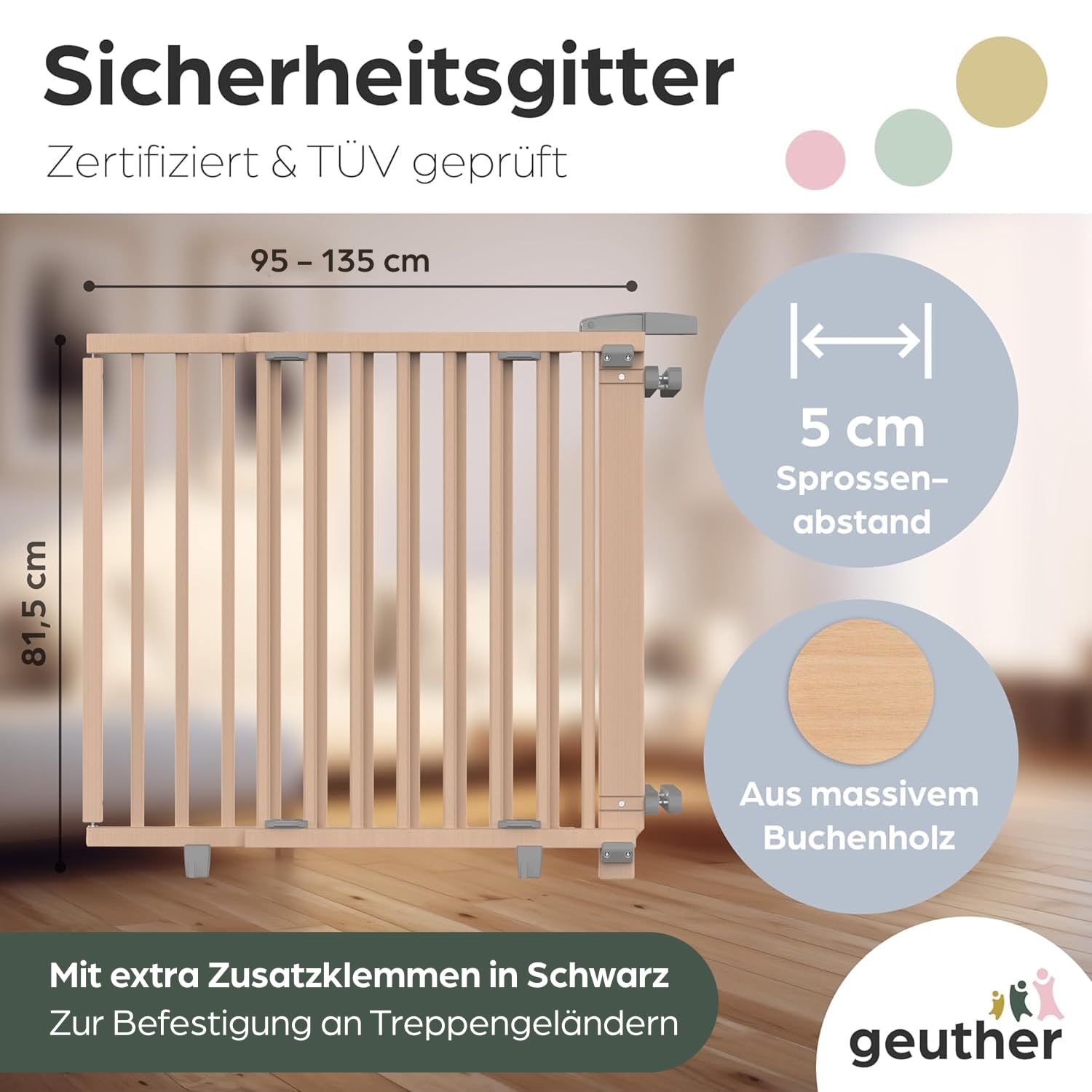 Geuther Treppenschutzgitter Oris | Türschutzgitter zum Anschrauben inkl. 2X Klemmen für Treppengeländer, Breite 95-135 cm | Stabiles Türgitter mit Schwenktür | Kindergitter Holz, Naturbelassen