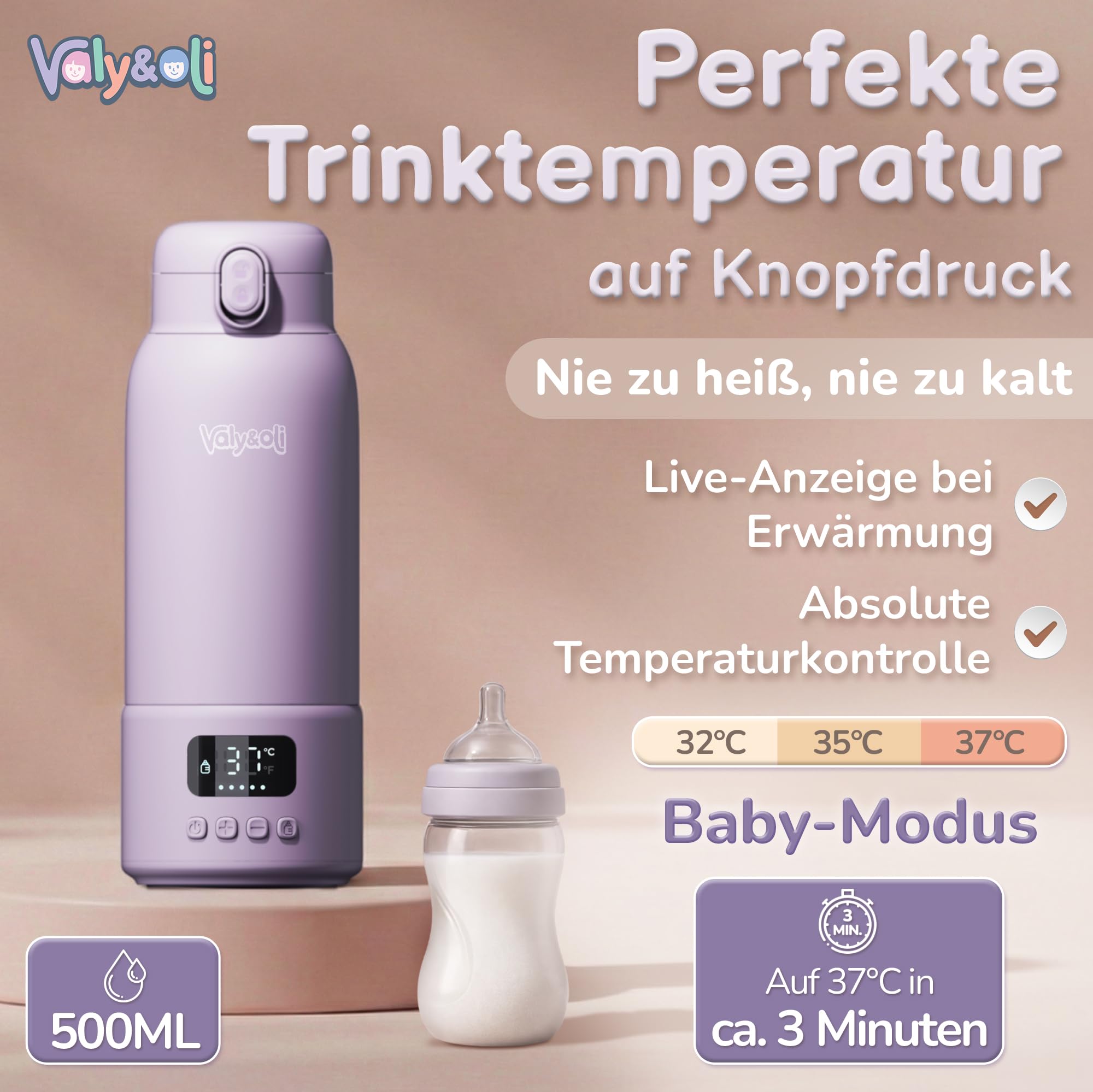 Valy&Oli® Flaschenwärmer Baby Unterwegs [Power 16.000mAh Akku] - Blitzschnell in 3 Min auf 37°C [Bis 100°C] - Tragbarer Milchwärmer [500ml] - Auslaufsicherer Babyflaschenwärmer (Lavendel-Lila)