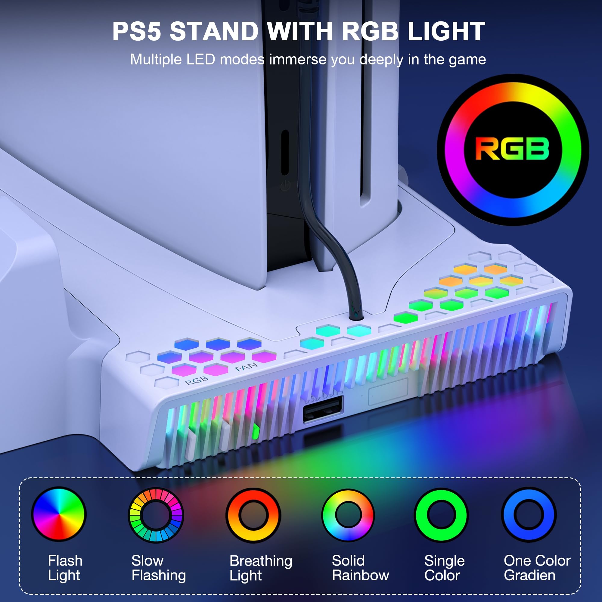 HELLCOOL Supporto PS5 con Ventola di Raffreddamento, Base Verticale per PS5, Stand con Doppio Ricarica Controller, 14 Slot di Gioco, Staffa in Metallo, Luci RGB