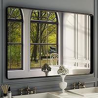 Vista 34 de ISKM Espejo con marco negro para pared de 20 x 16 pulgadas, espejo de tocador de baño antioxidante, vidrio templado, espejo rectangular redondeado