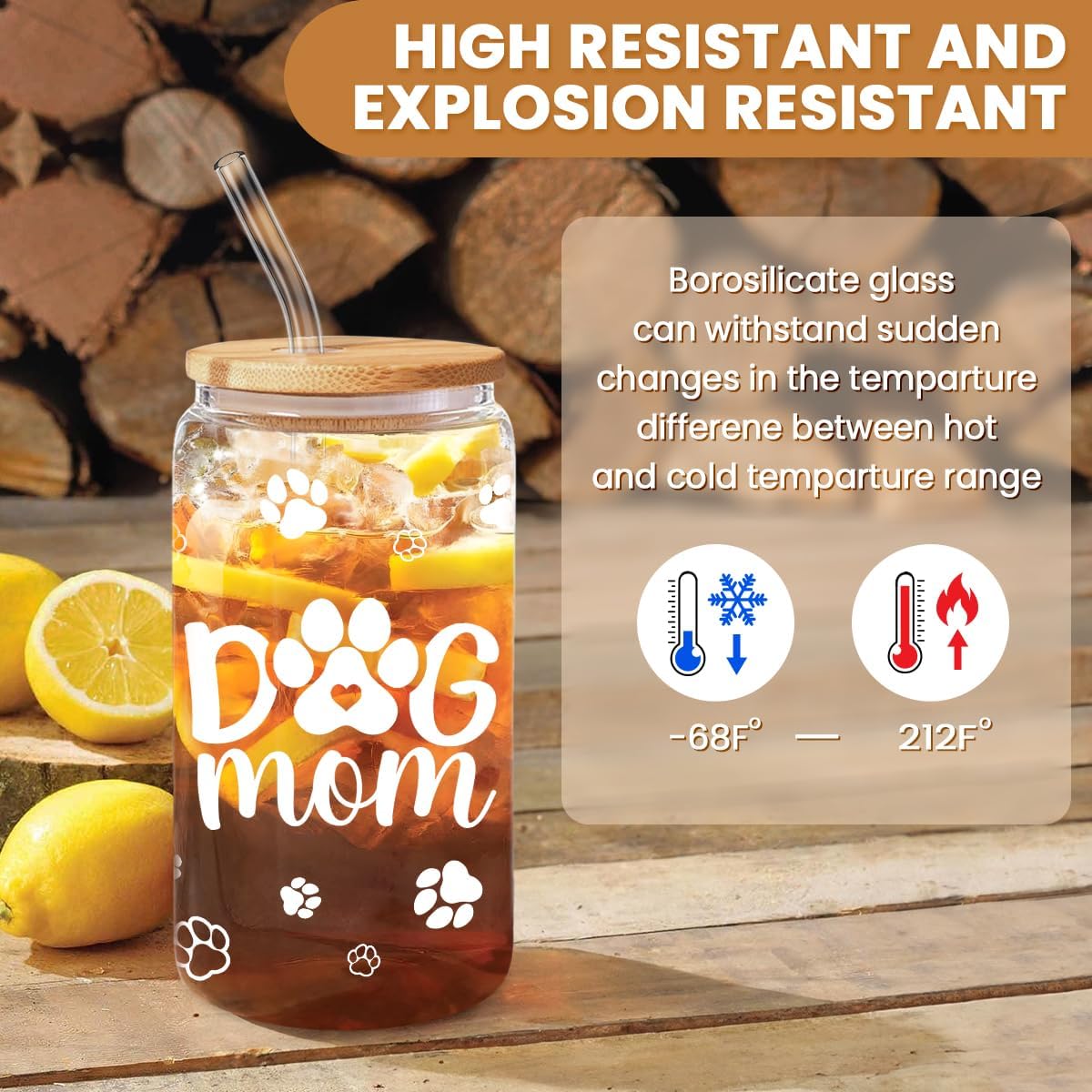 SANDJEST Dog Mom Cup 16 Oz Can Glass Coffee Mug with Bamboo Lid & Straw - Dog Lover Gifts for Women - Dog Mom Gift for Birthday Mothers Day