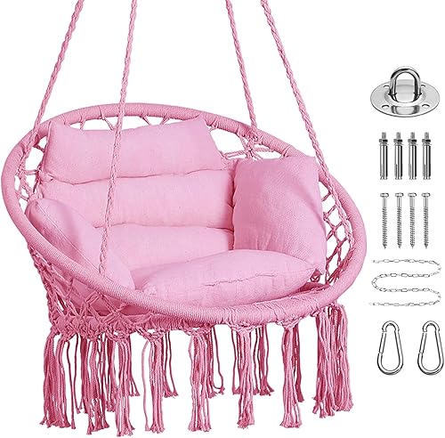 Miniatura 43 de Goutime Silla tipo hamaca, sillas colgantes de macramé con cojín y kit de herramientas, columpios bohemios para adultos para exteriores, patio, Gris
