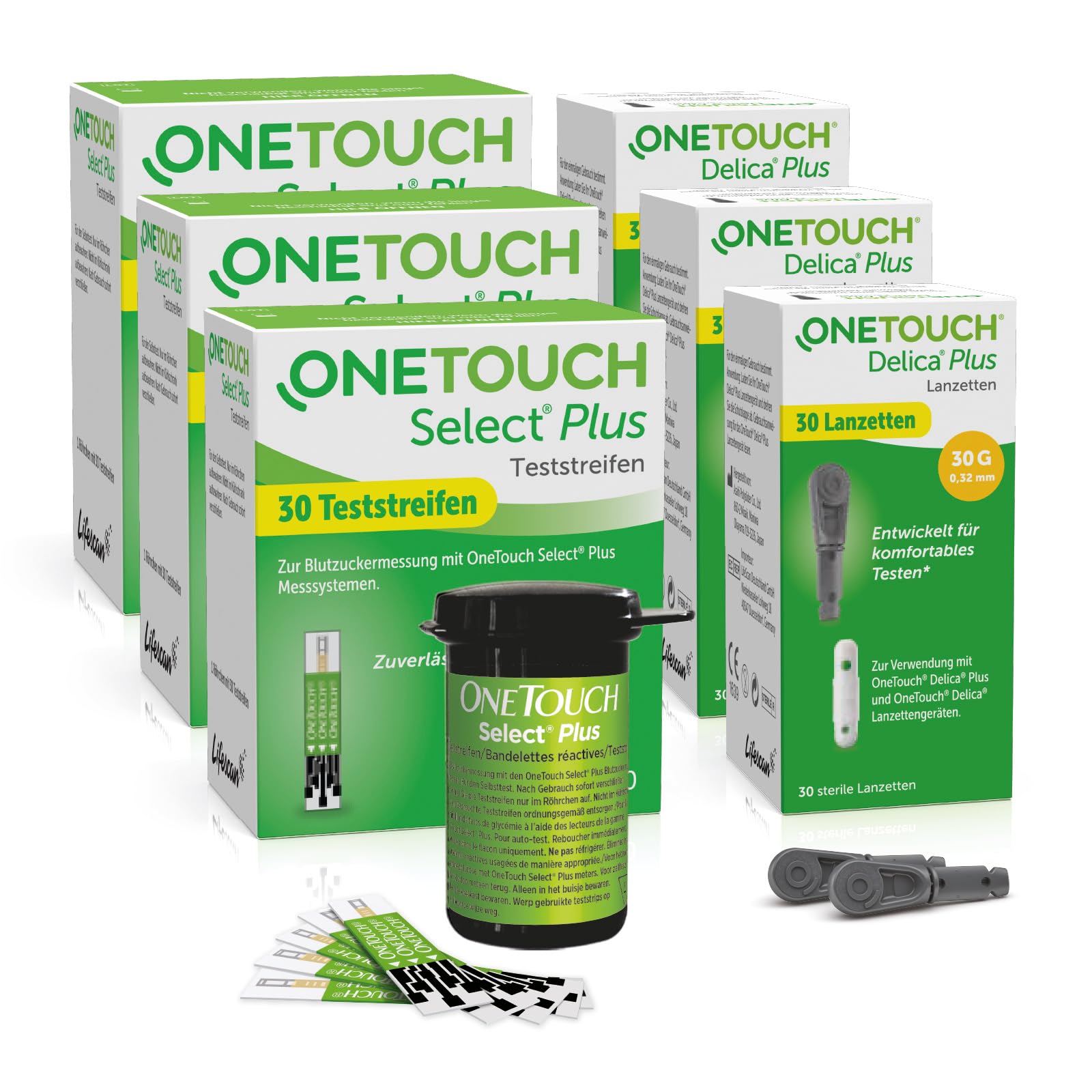 OneTouch Select Plus Kombi-Pack L für Blutzuckermessung |Teststreifen & Lanzetten für Diabetes (Zucker-Krankheit)| 90 Tests | 3 Packungen Teststreifen, je 30 Stück I 3 Packungen Lanzetten, je 30 Stück