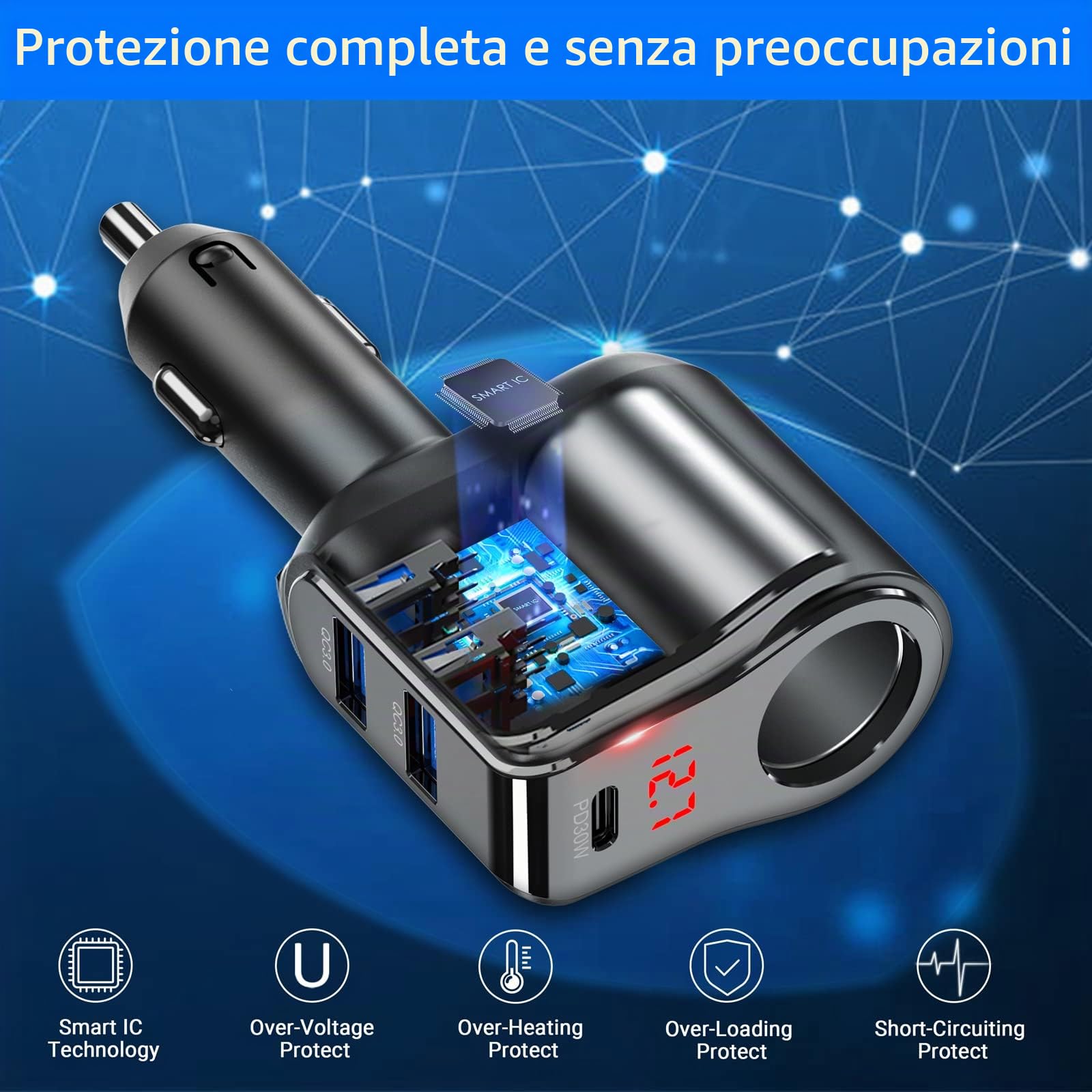 Prese Accendisigari Auto 200W: Qidoe PD 30W e QC3.0 Adattatore Sdoppiatore per Accendisigar Caricabatteria 12V con Voltmeter LED Ricarica Rapida Telefono, Cellulare, Samsung, Dashcam, GPS