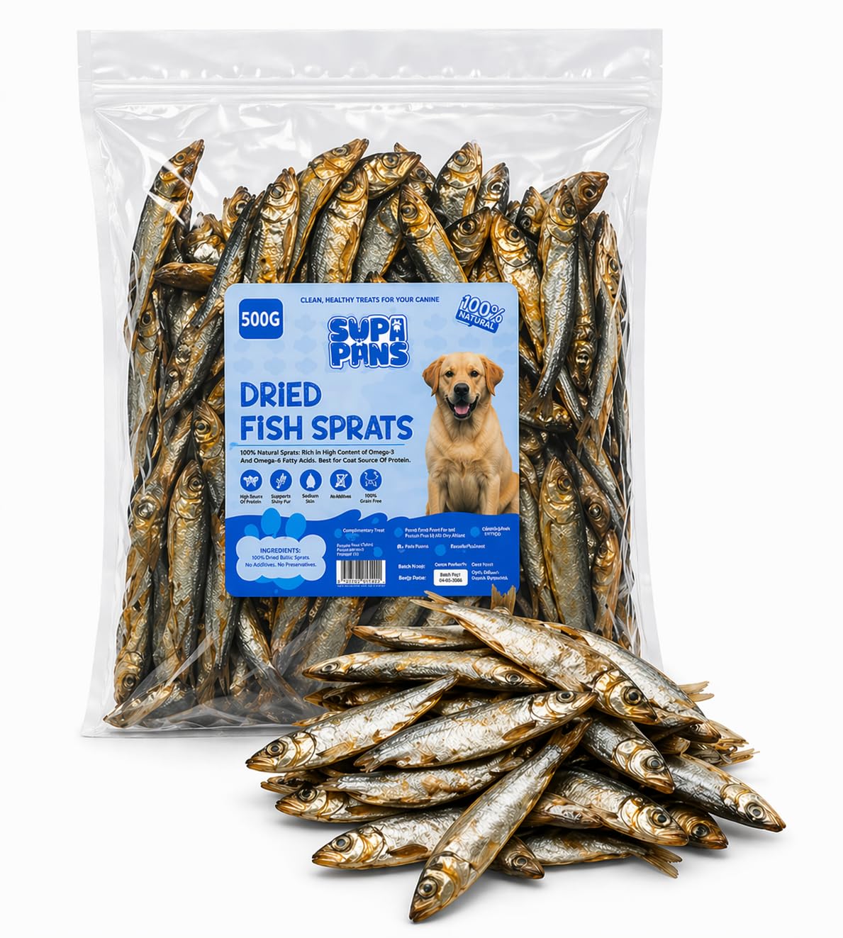Supa Paws Premium 500g Fish Sprats for Dog Treats 100% Natural Air Dried Fish Treat for Dog with Omega 3 Hypoallergenic Cat Food Grain Free Pet Treat Low Fat Dog Snacks Suitable for Cat Puppy 0.5 Kg