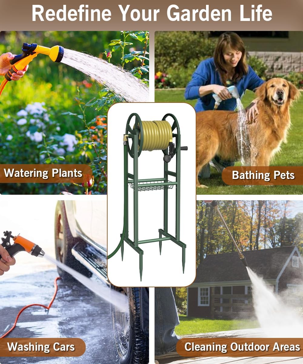 Garbuildman Ground Mount Garden Hose Reel Holds 125 Feet of 5/8-Inch with 3.9 ft Leader Hose, Brass Fitting, Water Hose Holder Stand with Storage Rack & 4 Spikes Base for Outdoor Lawn, Green
