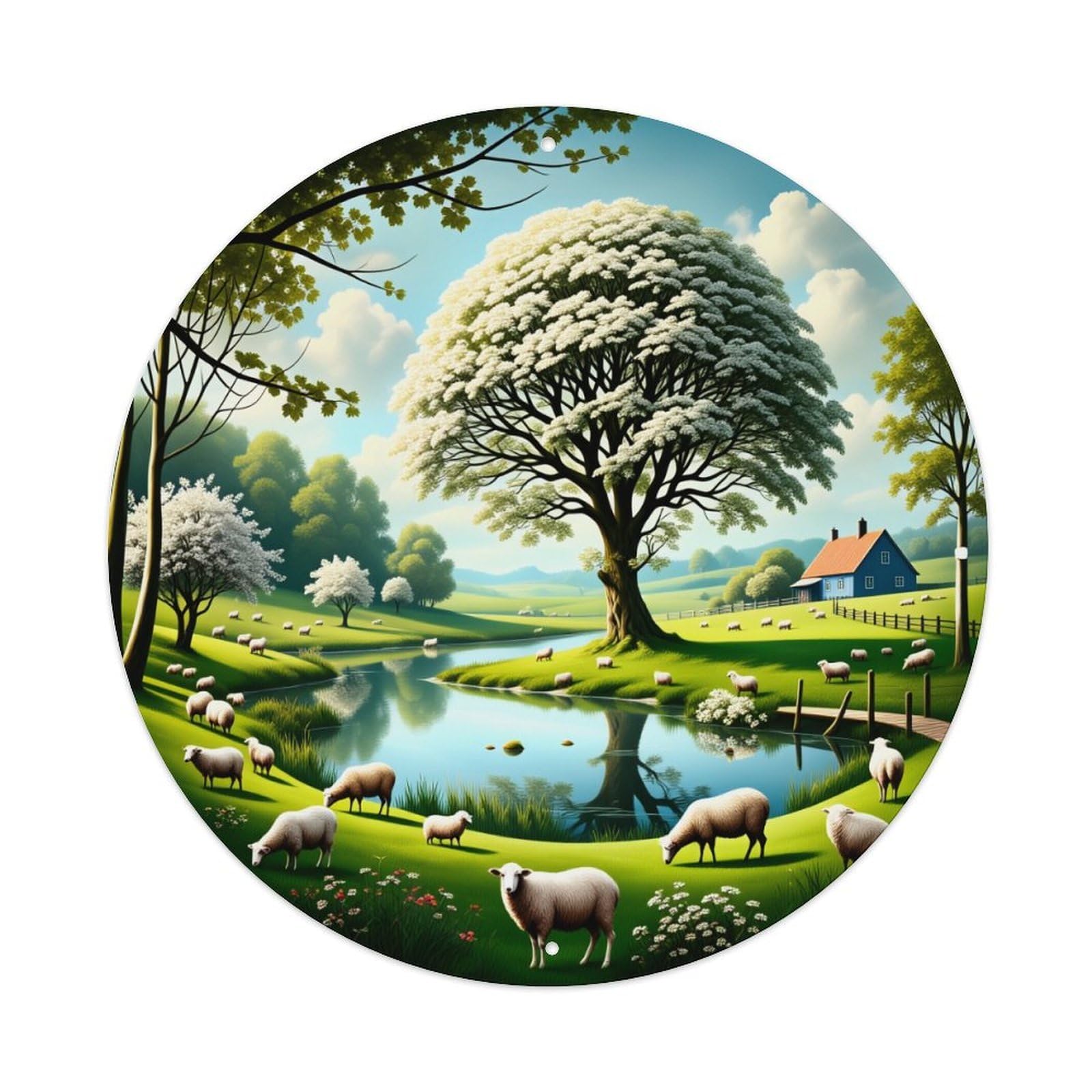 Pastoral Landscape Sheep Tree Stream Metal Tin Sign Vintage Garden Bedroom Cafe Bar Man Cave Home Wall Decor Metal Poster 8x8 inches