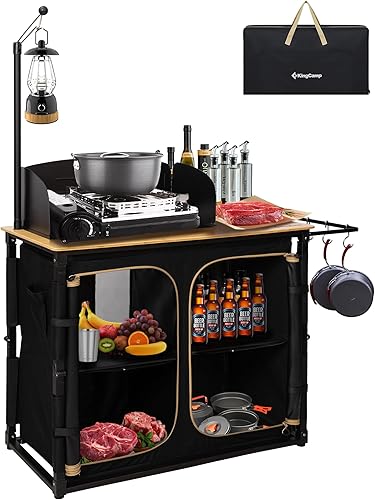 Miniatura 1 de KingCamp Mesa de cocina plegable de bambú natural, mesa portátil multifuncional de aluminio de gran tamaño con poste de linterna, ganchos laterales,