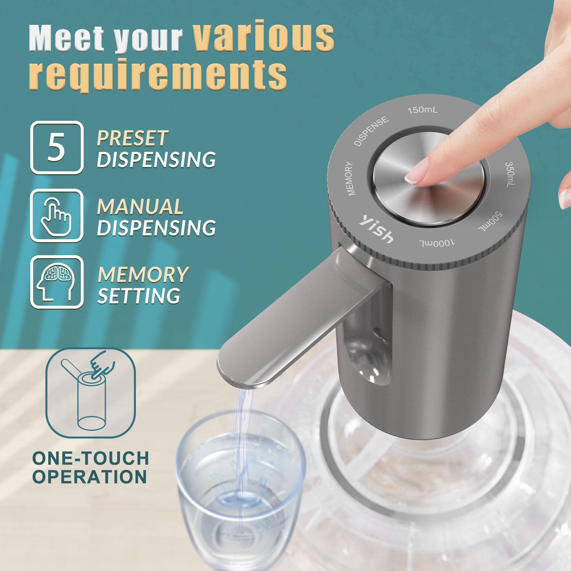YISH Pompe Distributeur Eau Portable Rechargeable USB 3.8-18.9L Bouteille Maison Camping Bureau