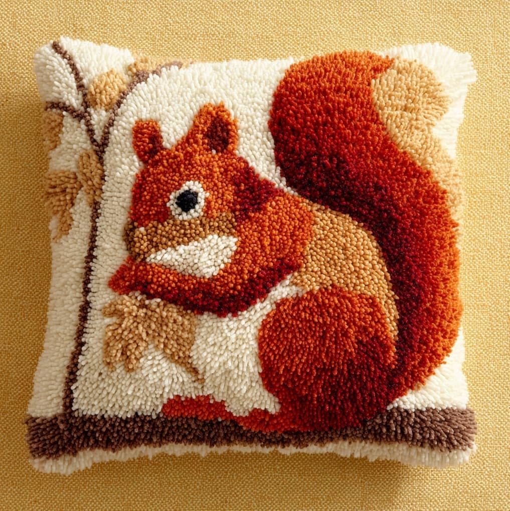AxiangziK Latch Hook Pillow Kit for Beginners,Animal Squirrel 43x43cm DIY Cushion Cover Making Kit,Complete Craft Set for Home Sofa Bedroom Decor Gifts