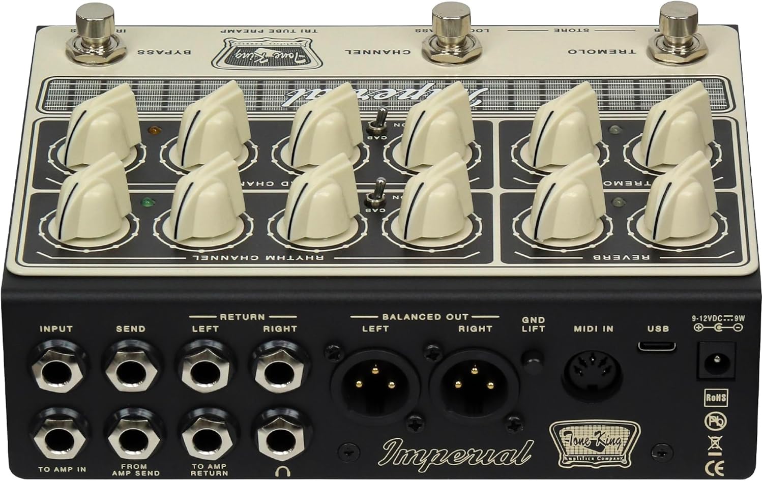 Rear panel of the Tone King Imperial Preamp Pedal, showing all input and output jacks, MIDI, USB, and power connections.