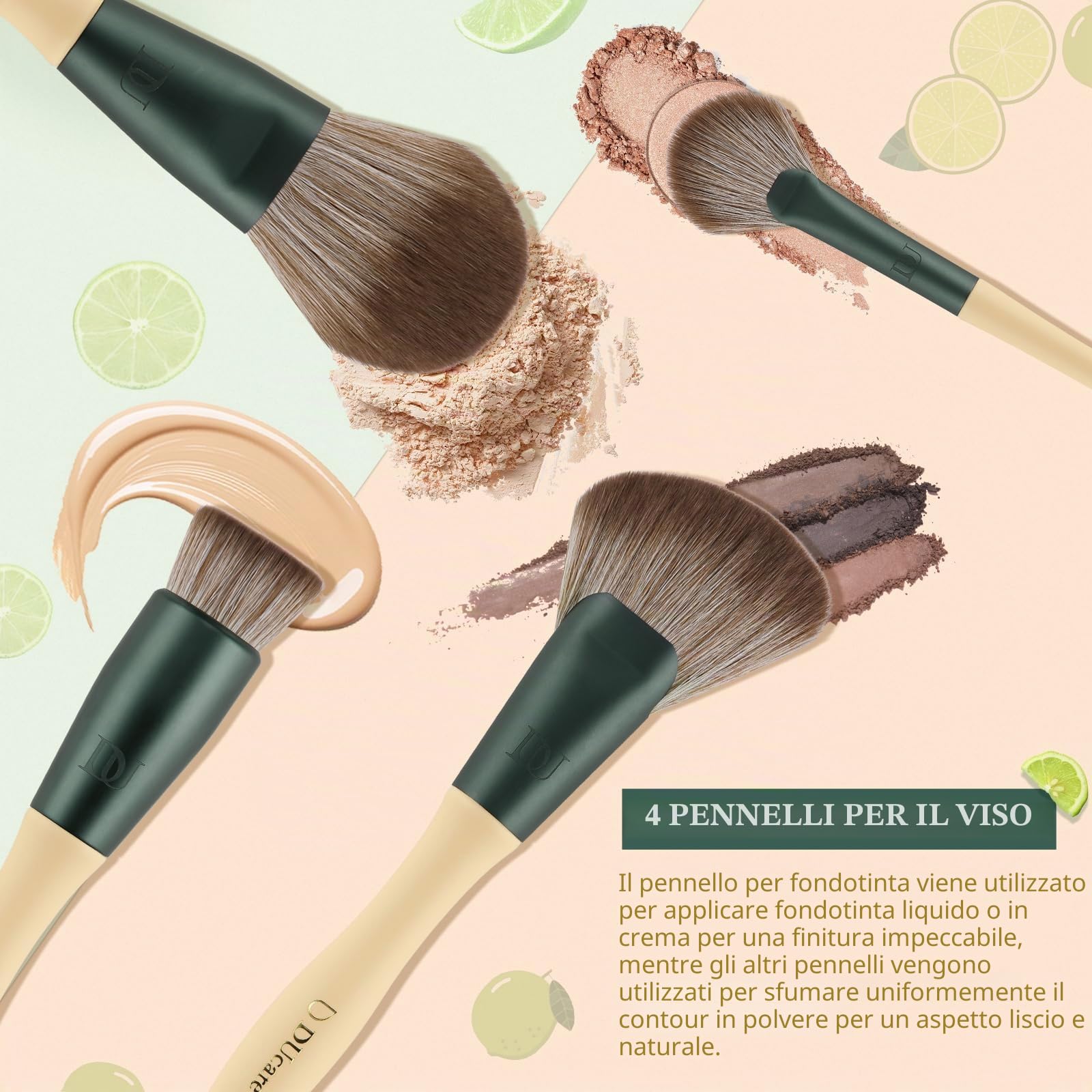 DUcare Juego de 14 brochas de maquillaje con 3 esponjas de maquillaje – Lime Series Professional Makeup Brush Kabuki Foundation