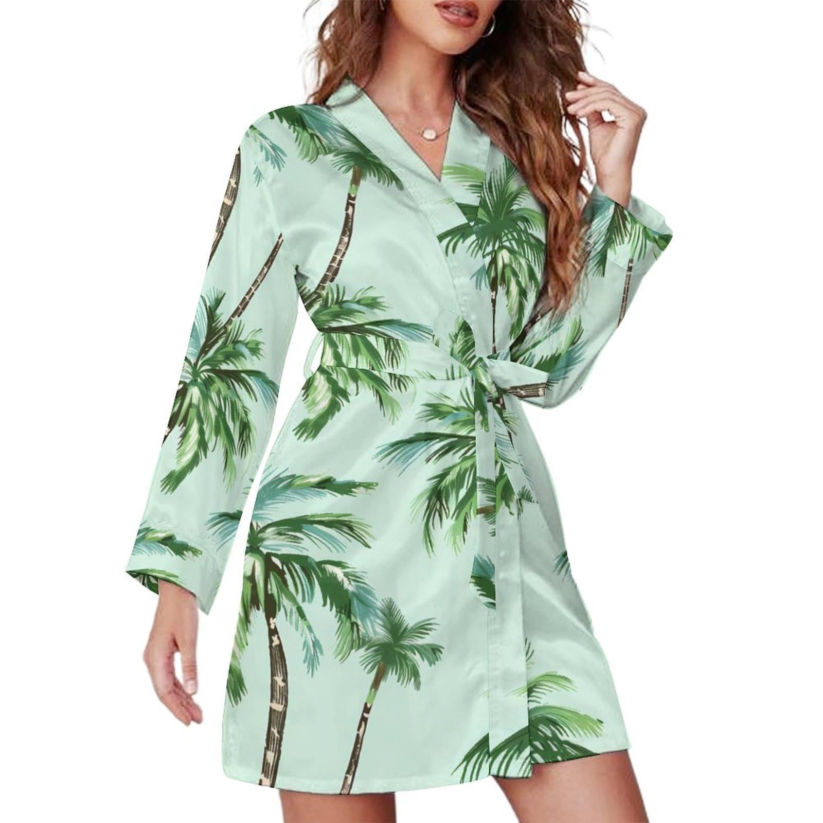 Kwqdozf Women's As Pic Palm Trees Short Robes Long Sleeve Bathrobe V Neck Nightgown With Belt