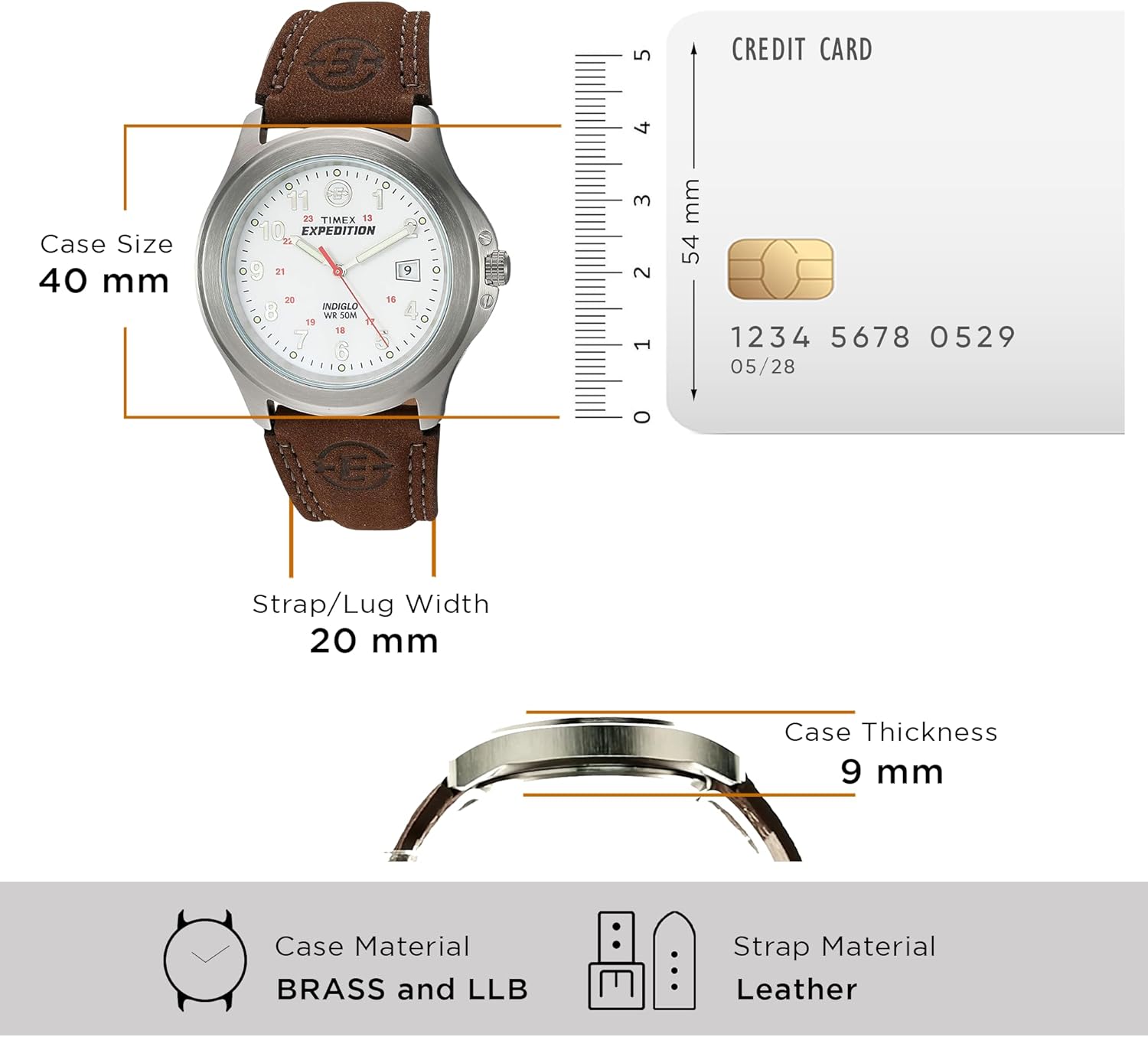 Diagram showing Timex Expedition watch dimensions: 40mm case size, 20mm strap width, 9mm case thickness