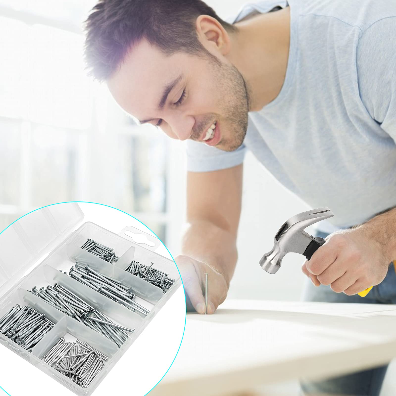 376-teiliges Hardware-Nägel-Sortiment-Set mit 227 g kleinem Klauenhammer, Mini-Hammer mit rutschfestem Griff, maximale Länge 5,1 cm, Finishing-Nägel zum Aufhängen von Bildern, Haushalt und Heimwerken