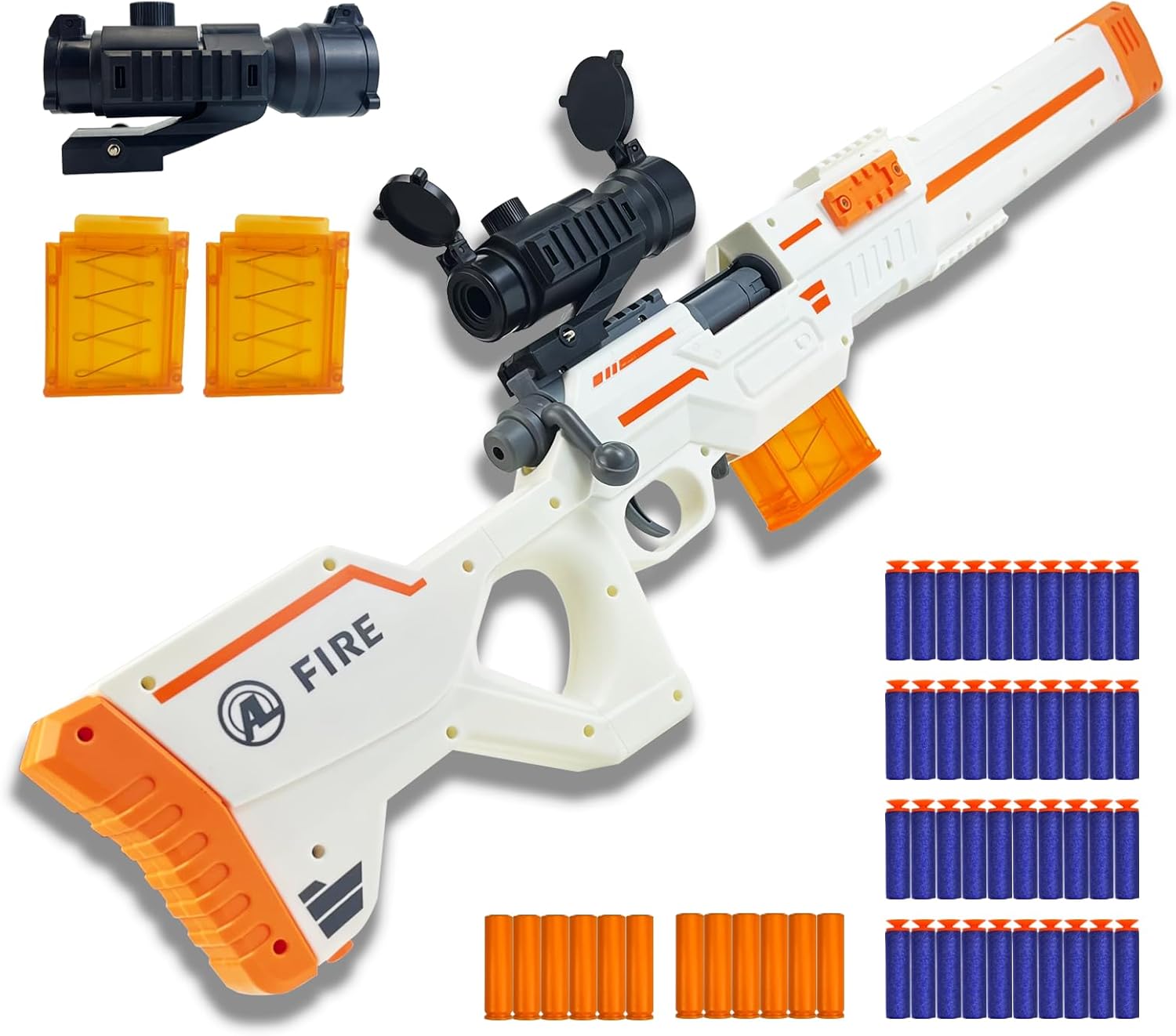 AGM MASTECH Transforming Armor Toy Gun, Detachable Front Stock, Adjustable Rear Stock, Shell-Ejecting Design, 40 Foam Darts, 12 Shells, 2 Magazines, White & Orange