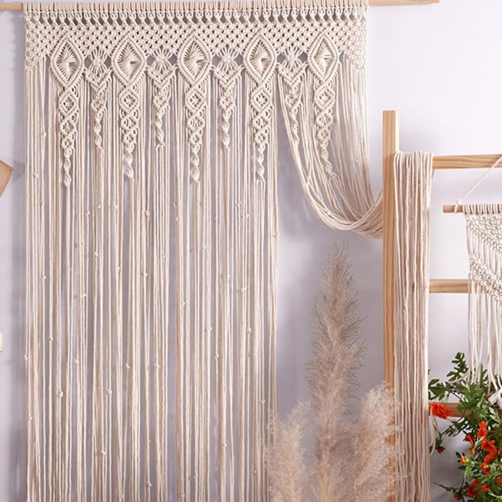 Rideau De Porte En Coton Tissé Main - Style Bohème Beige Pour Décoration Fenêtre, Arche Ou Mariage (90x180 Cm)