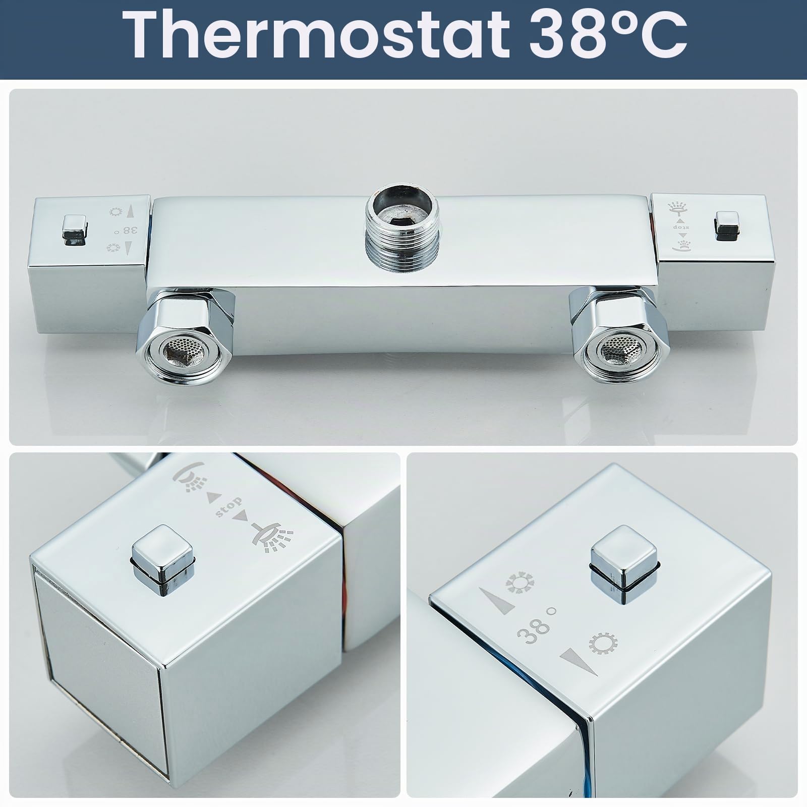 Thermostatique Colonne de Douche Chromé avec Mélangeur Réglable en Hauteur Ensemble de Douche 25x25cm Pluie Pommeau de Douche Carré avec Douchette à Main Acier Inoxydable